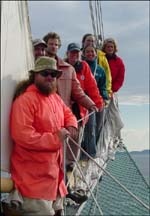Dr. Rankin and crew on board the schooner Down North on the way to Labrador.