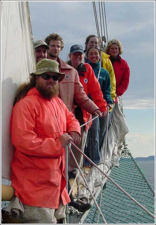 Dr. Rankin and crew on board the schooner Down North on the way to Labrador.